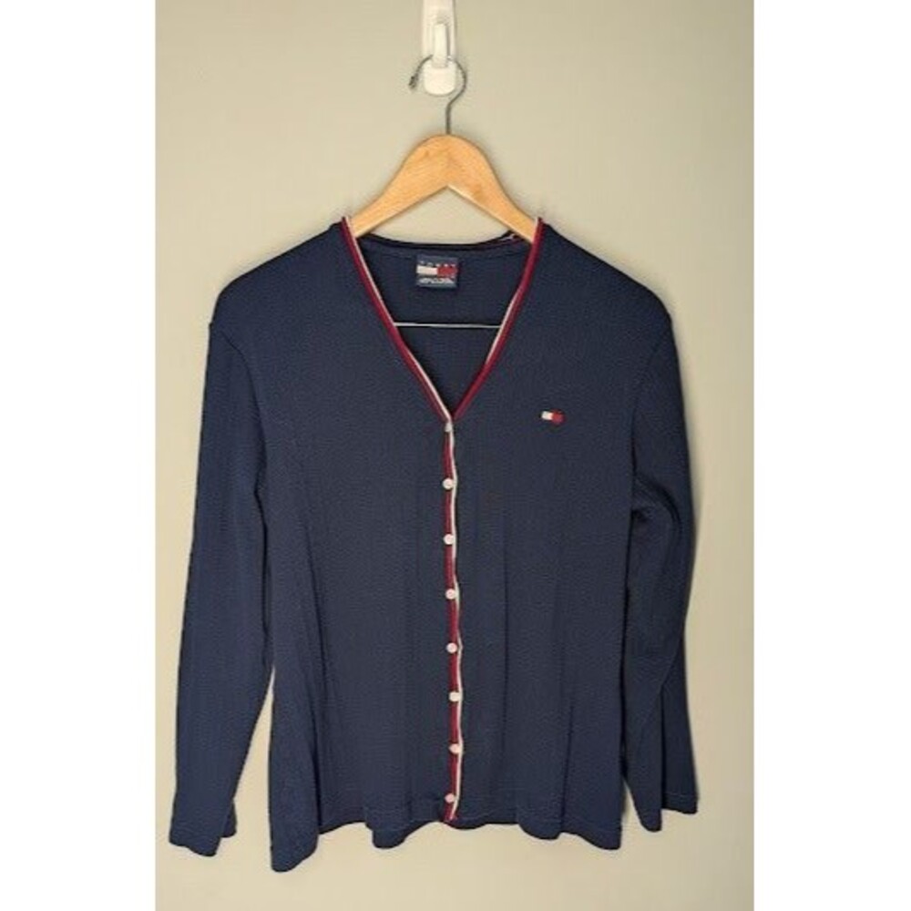 Tommy Hilfiger Womens L Cardigan Navy Blue Red White Trim Cotton Knit Button Up